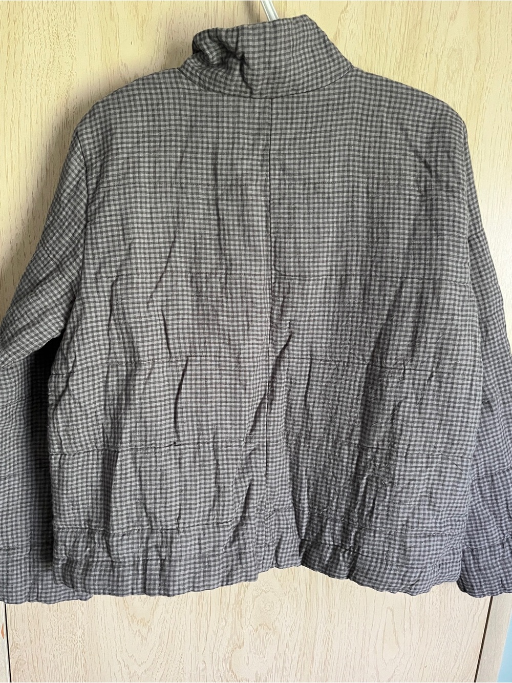 Eileen Fisher Organic Linen Puff stand Up Collar Jacket Grey Check Sz S / P - Picture 7 of 11